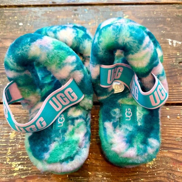 Ugg Womens Fluff Yeah Marble Sz 9 Aquatic Blue Real Lamb Fur Slide Slippers - Picture 6 of 8